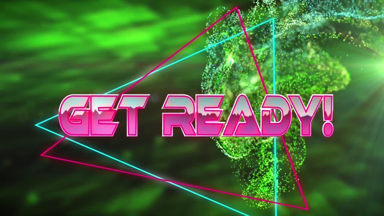 초록색 디지털 파동과 검은색 배경에 대한 빛 반점 위에 준비 텍스트 배너의 애니메이션