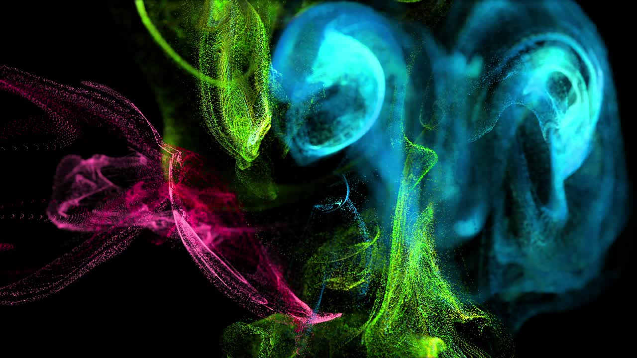 corriente de partículas luminosas bajo el agua en fondo negro corre en un campo esférico, lugar para su texto, logotipo. canal alfa como luma mate. efecto de tinta de advección. tres colores