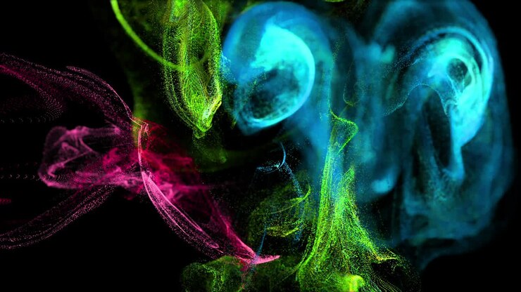 stream of luminous particles underwater on black background runs into a spherical field, place for your text, logo. Alpha channel as Luma Matte. Ink effect of advection. Three colors