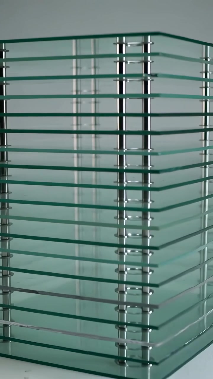 Video vertical: Cámara en paneo revelando paneles de vidrio apilados en una mesa de estudio, para mostrar espaciadores brillantes