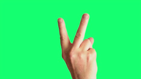 close up shot of a male hand flicking a classic v sign insult, against a greenscreen background ideal for chroma keying