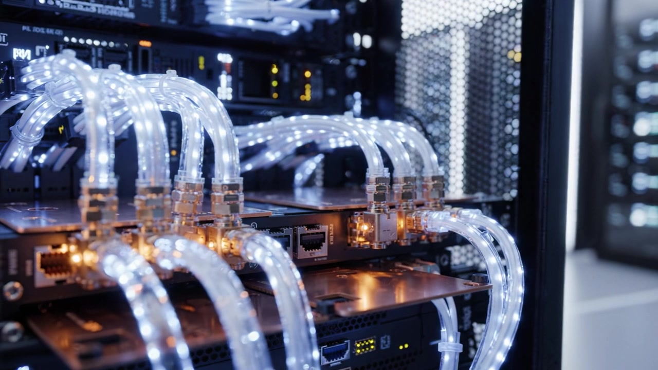 Close-Up of Advanced Networking Equipment with Illuminated Cables in a Data Center Featuring High-Tech Infrastructure and Advanced Connectivity Solutions