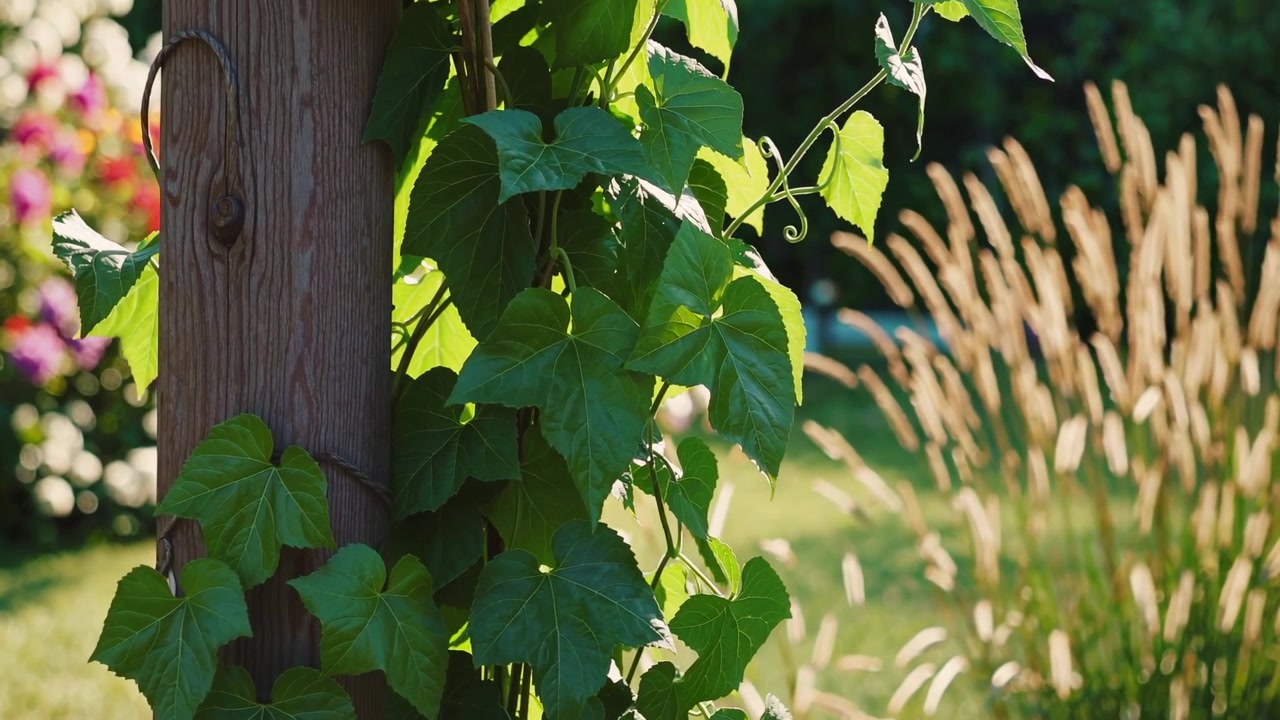 Viti e foglie verdi che crescono su un palo di legno in un giardino soleggiato