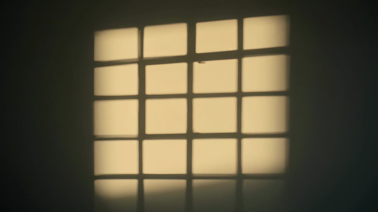 Shifting projected grid from low-angle sunlight sliding upward right on plain wall, showing speck
