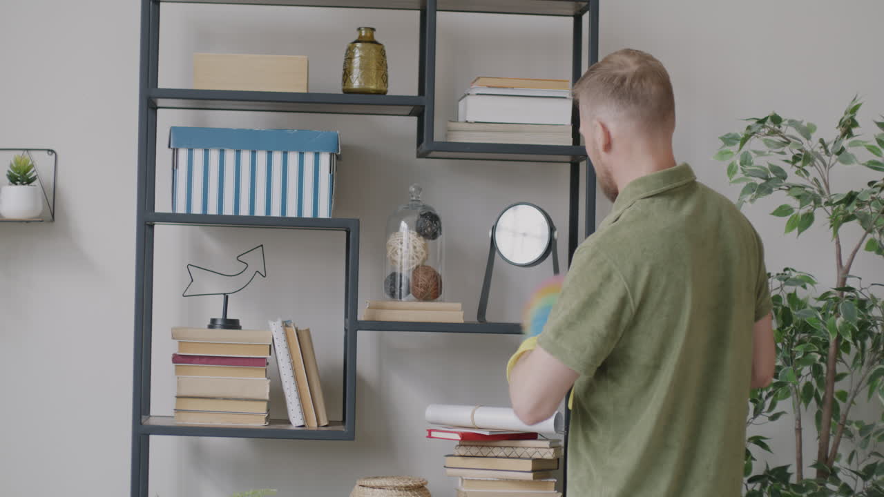 Man Cleaning Bookshelves