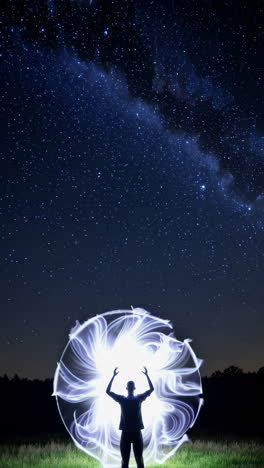 man in light painting circle under milky way