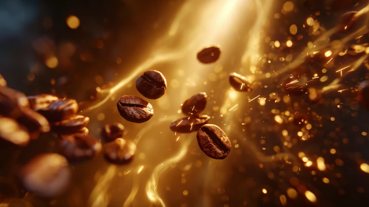 Accattivante primo piano di chicchi di caffè tostati in movimento, circondati da un bagliore dorato che enfatizza il ricco aroma e la consistenza degli ingredienti del caffè fresco