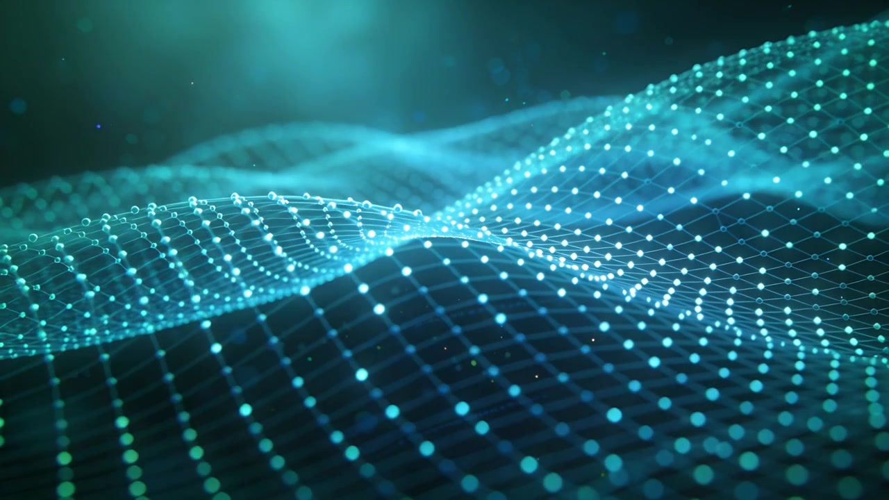 Playback starting, glowing net shifting, pulsing, forming waves in virtual space as data map