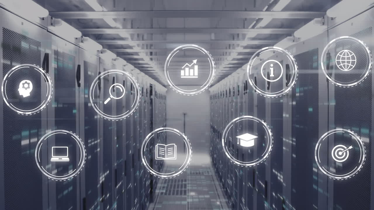 Animation of multiple digital icons and mosaic sqaures against computer server room
