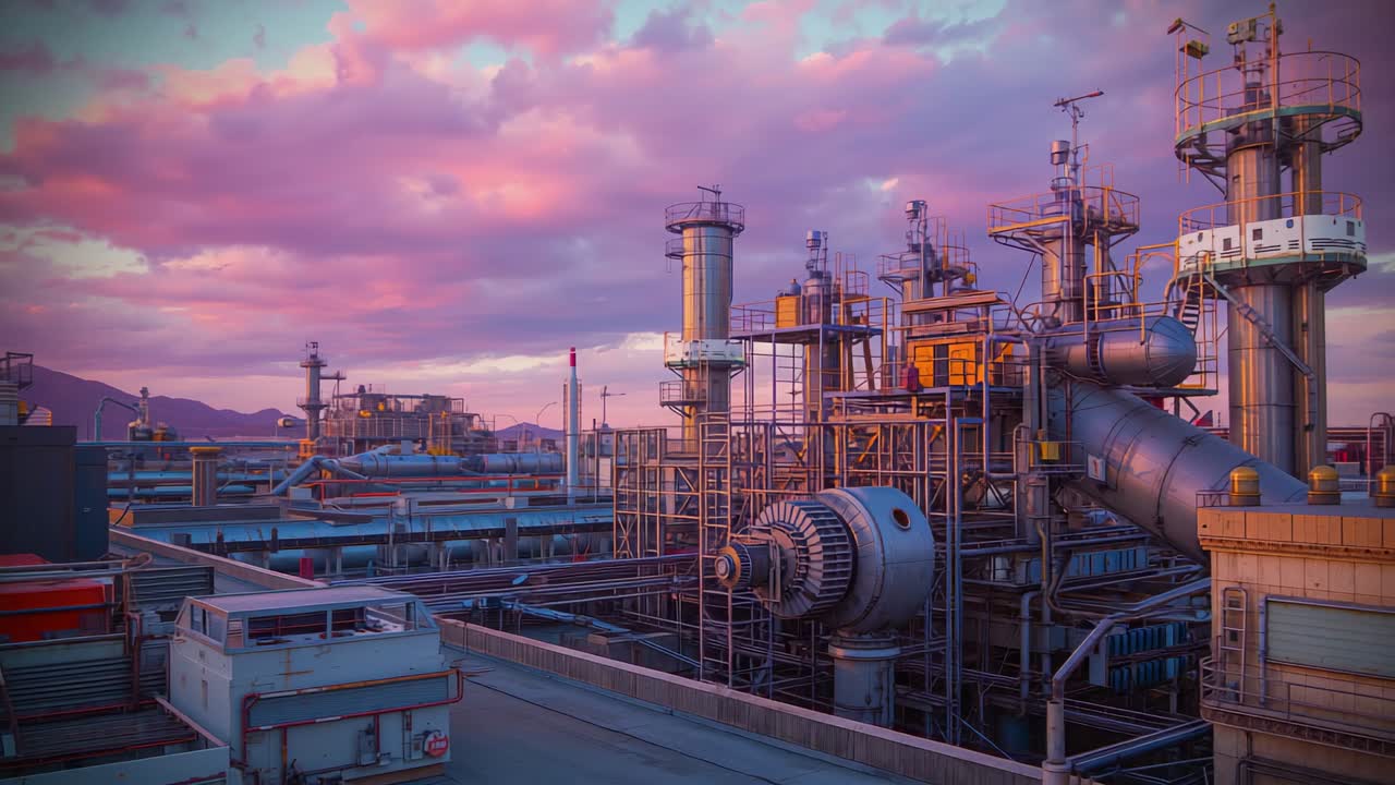 Holding steady camera capturing rooftop piping network at dusk with mountains and pink sky