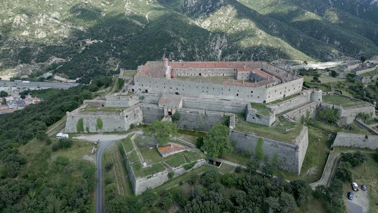 Aerial flying backwards from Bellegarde Fort, Le Perthus, France