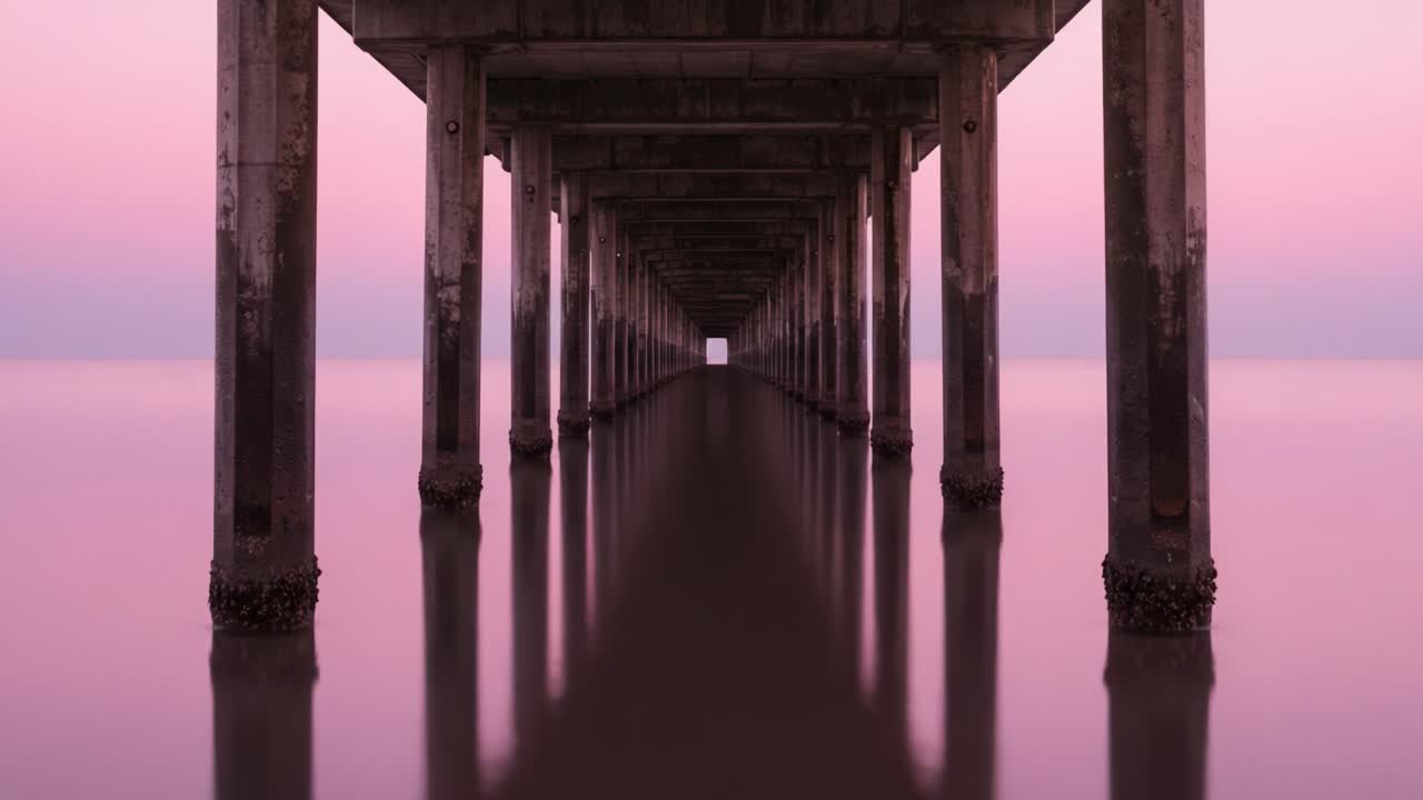 A Serene Sunset View Beneath a Pier: Capturing Tranquility and Reflection at Dusk Over Calm Waters with Graceful Architecture and Vibrant Colors