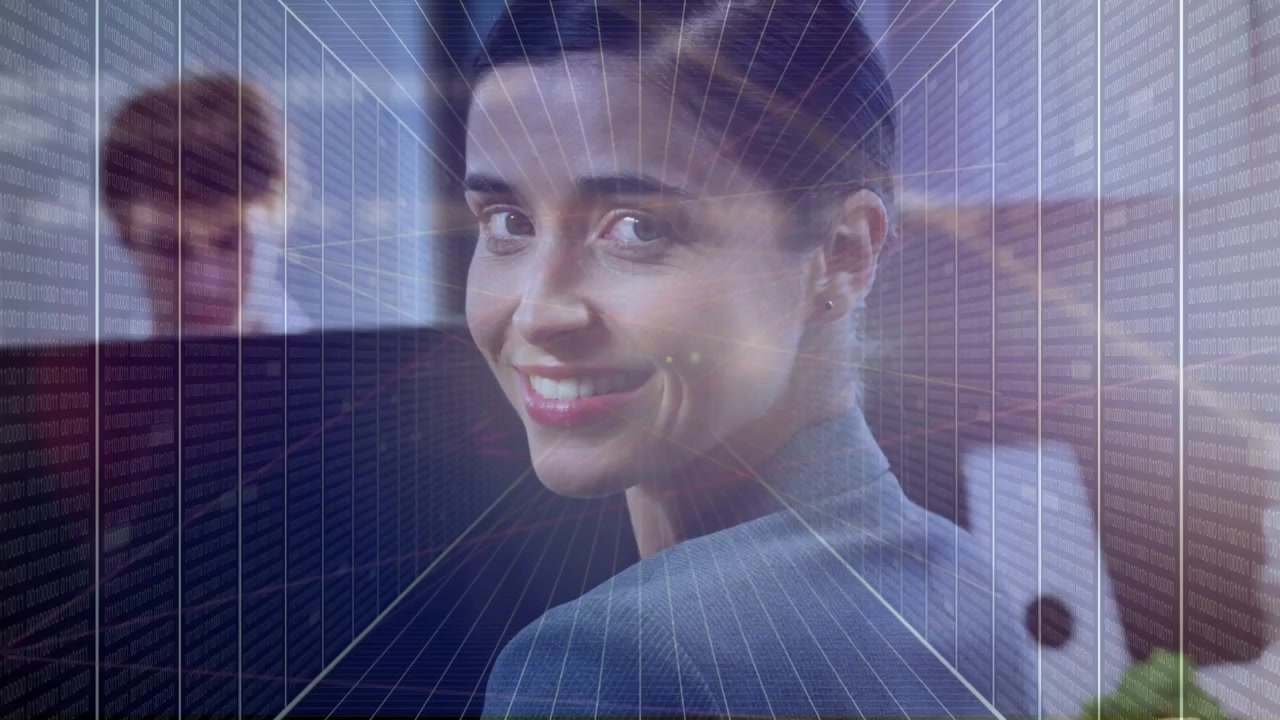 Woman tapping phone reading work update causing grid and streaks turning smiling while peer working