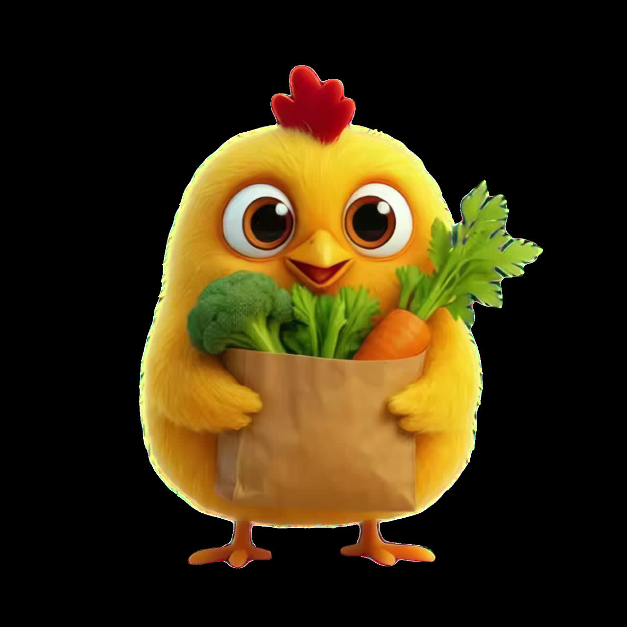 Cute cartoon chicken with groceries animation isolated asset, transparent 4K video, alpha channel