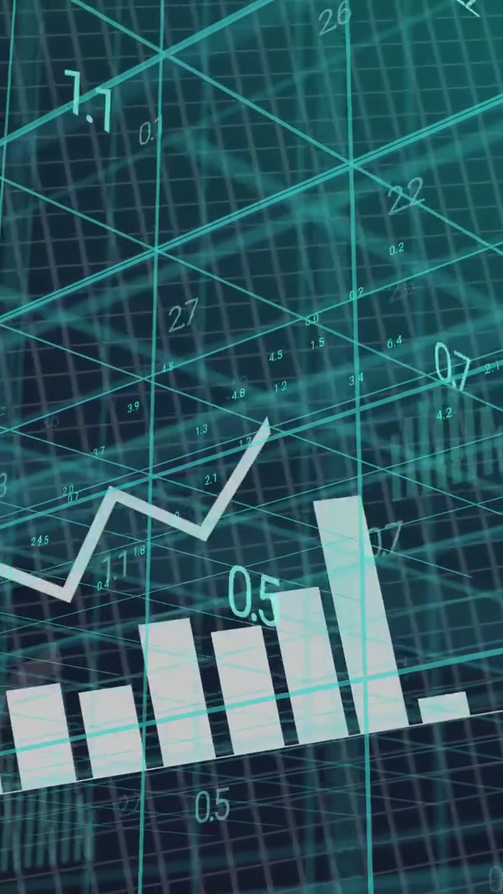 Video verticale: Griglia che si alza, facendo dispiegare un HUD con grafici a torta, barre, linee e codice binario che mostrano dati.