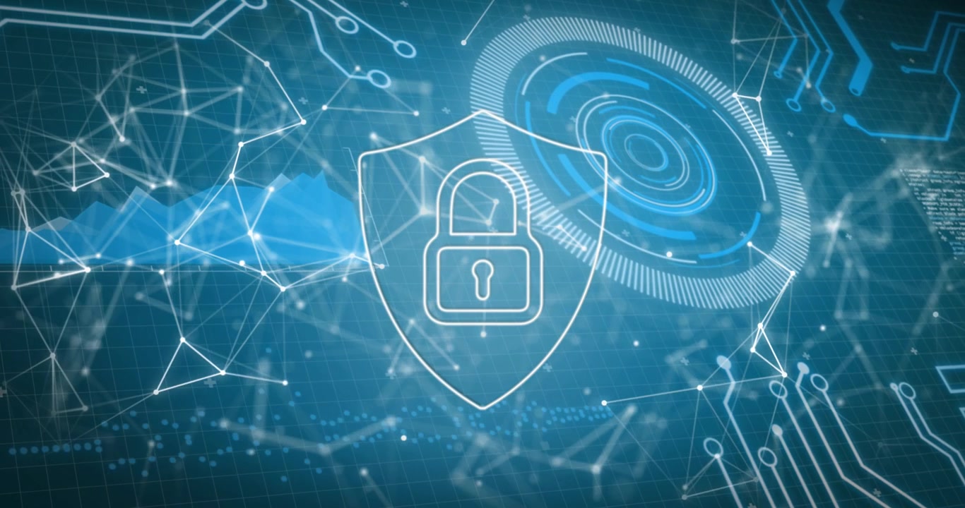Animation of connections, data and digital shield with padlock on blue background