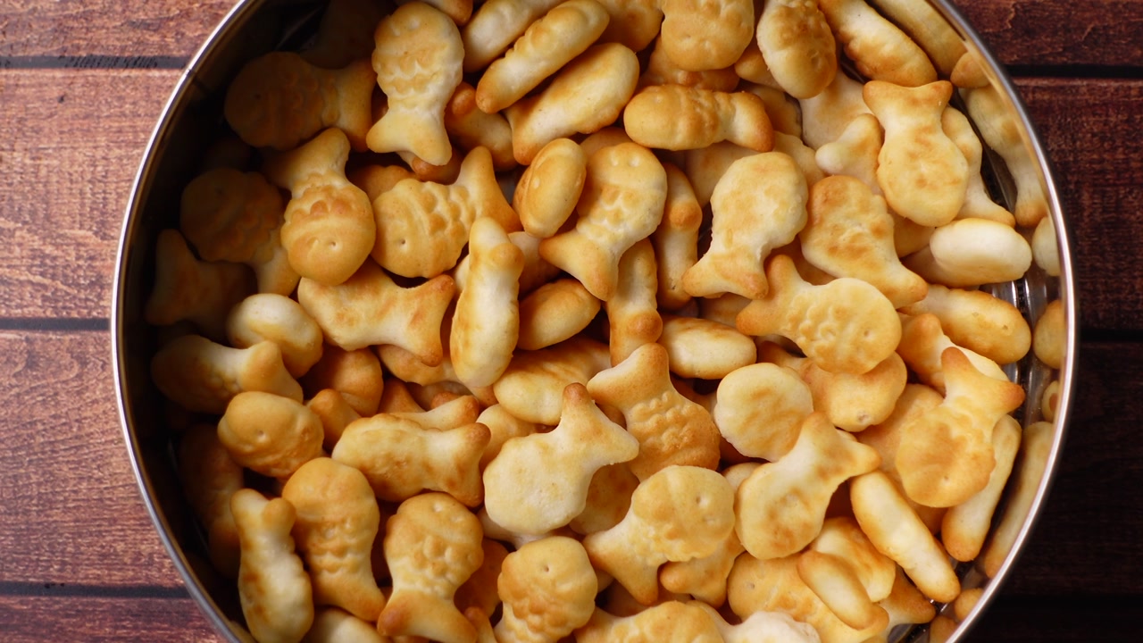 Overhead View of Golden Fish Crackers in a Bowl
