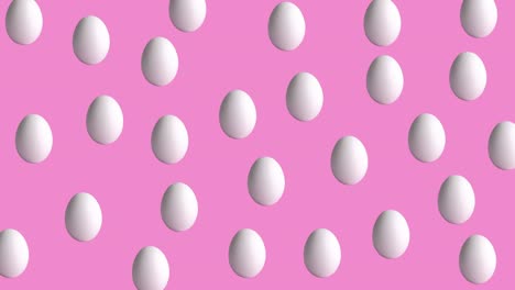 seamless looping animation with chicken raw eggs that wiggle on rose and pink background, close-up. side view pattern of farm products, easter concept