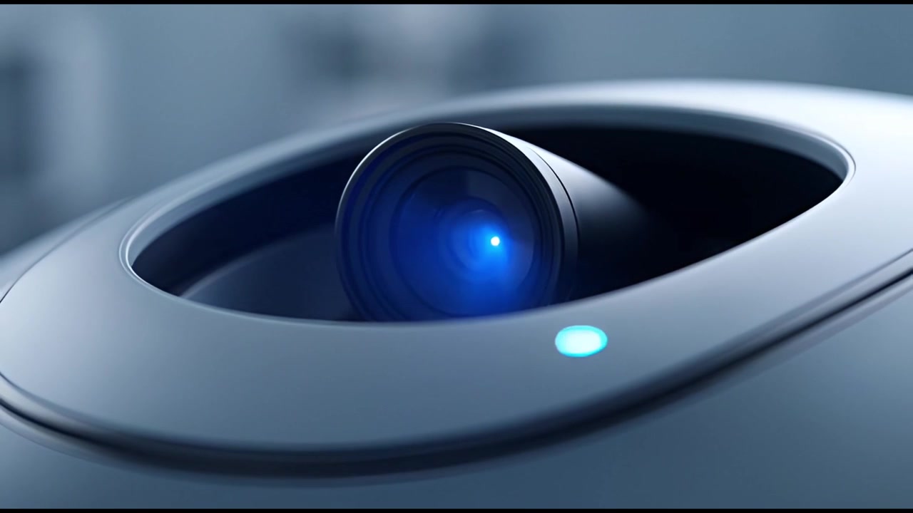 Close-up of a High-Tech Camera Lens with Pulsing Blue Light