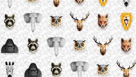 colección de diferentes animales. símbolo del zoológico. iconos de polígono bajo. león, gorila, cebra, mapaches, zorro, elefante, ciervo, búho. conjunto de animación de bucle geométrico.