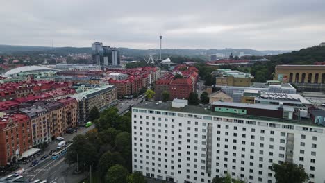 el escandinavium, las torres gothia, la rueda de la fortuna y el atmosfear en el parque de atracciones liseberg visto desde lorensberg en gotemburgo, suecia