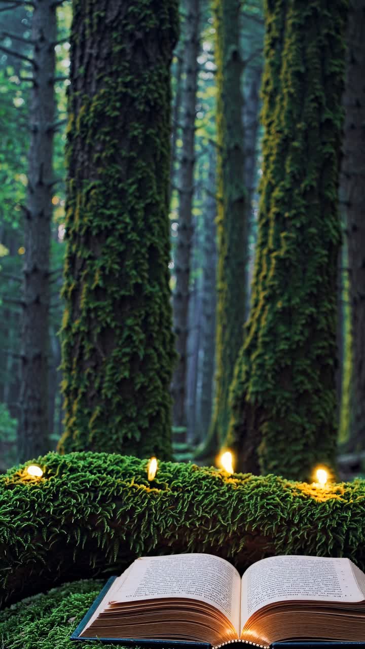 A magical open book on moss in a forest, captured from a low angle. The scene feels like a fantasy
