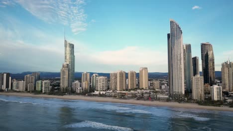 Reversing-aerial-of-Surfers-Paradise-skyline,-Gold-Coast,-Queensland,-Australia-20230502