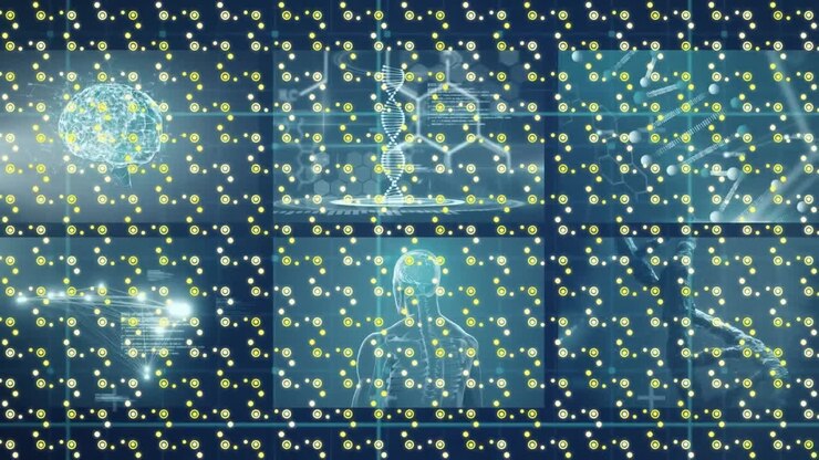 Animation of pattern over scientific data processing with dna strand spinning