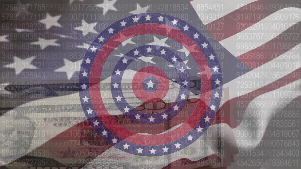 Animazione di stelle su cerchi che girano sopra banconote di dollari americani e una bandiera USA che sventola