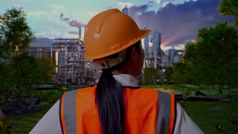 close up back view of a female engineer wearing safety helmet looking around while standing with arms akimbo in front of oil refinery