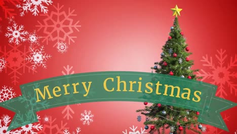 Animation-of-merry-christmas-text-banner-over-christmas-tree-and-snowflakes-icons-on-red-background