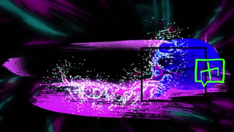 animation of blue and green speech bubbles with pink and blue paint and light trails moving on black