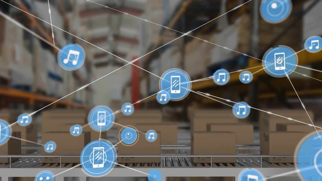 Animation of connected icons and cardboard boxes on conveyor belts against warehouse
