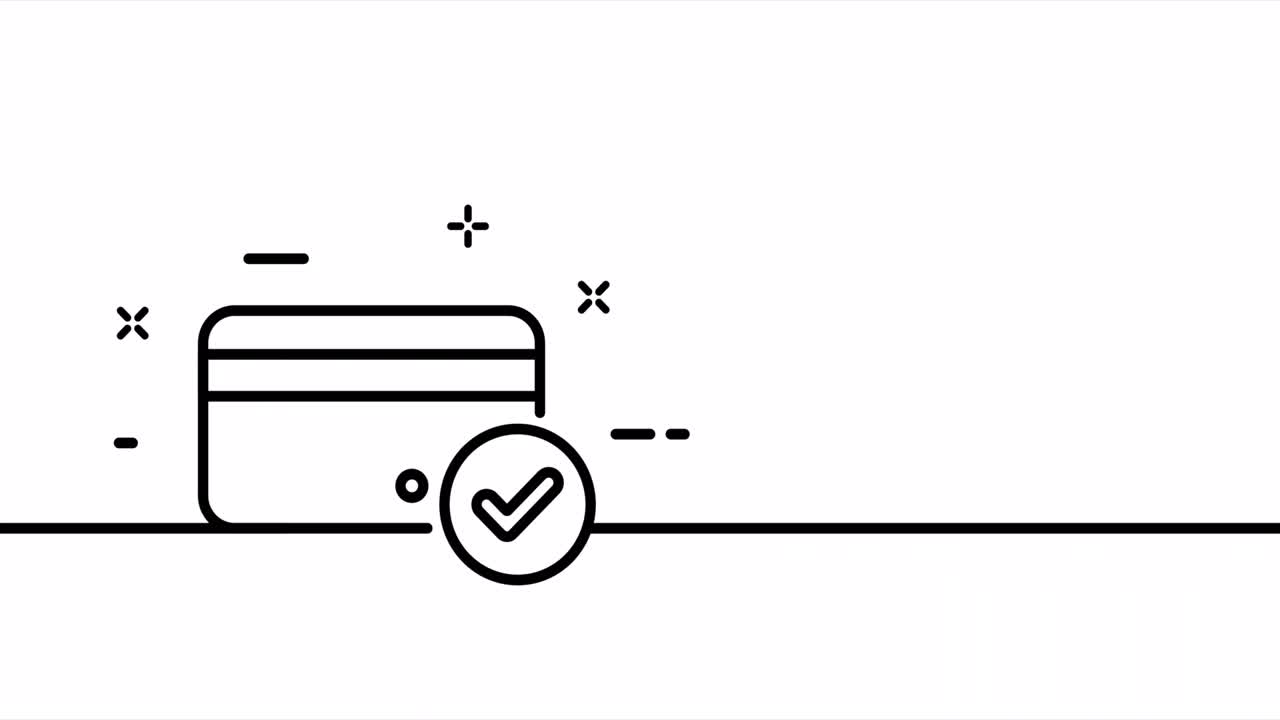 One line drawing, solid line of a bank card. One line drawing animation of check mark, correct password and access. Business logo animated. Video 4K