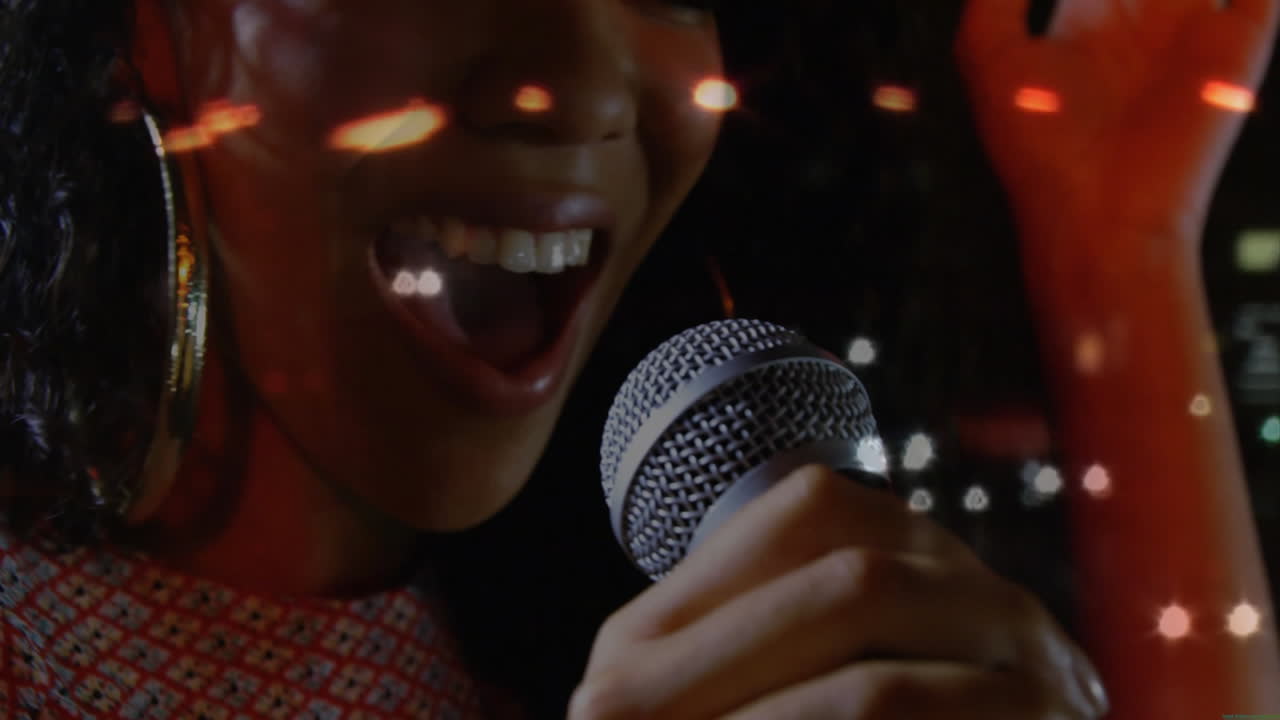female singer holding mic singing on music stage, with animated music notes and sound wave graphics