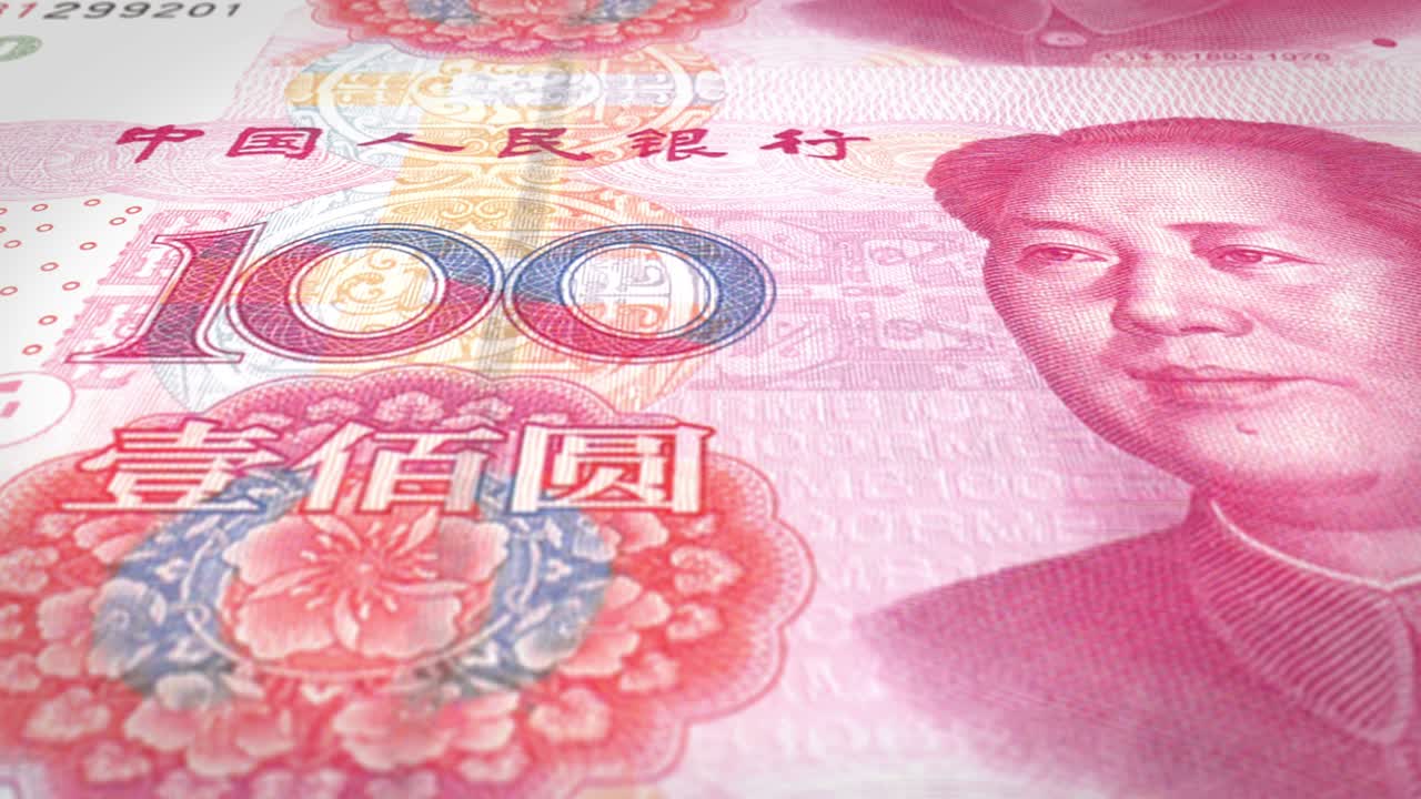 Notas de cem renminbi chineses rolando na tela, dinheiro em espécie, em loop.