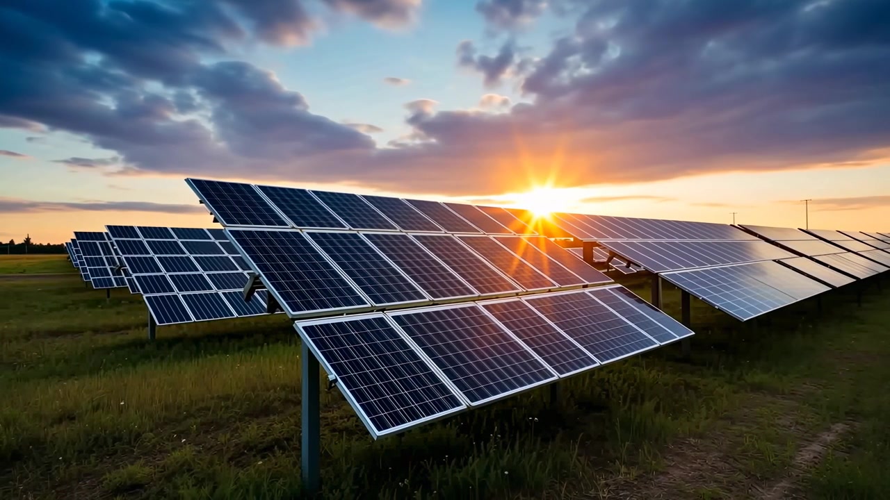 Parco fotovoltaico al tramonto in un campo verde