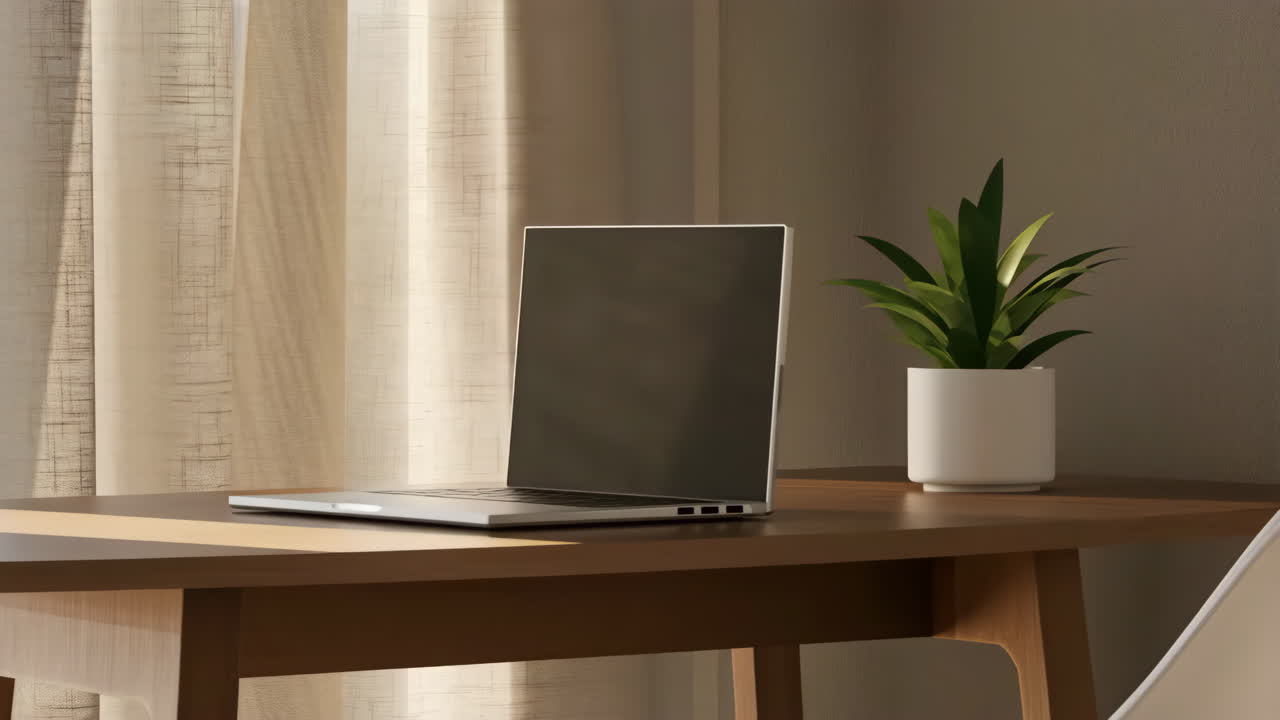 Laptop on Wooden Desk with Plant in a Sunny Room