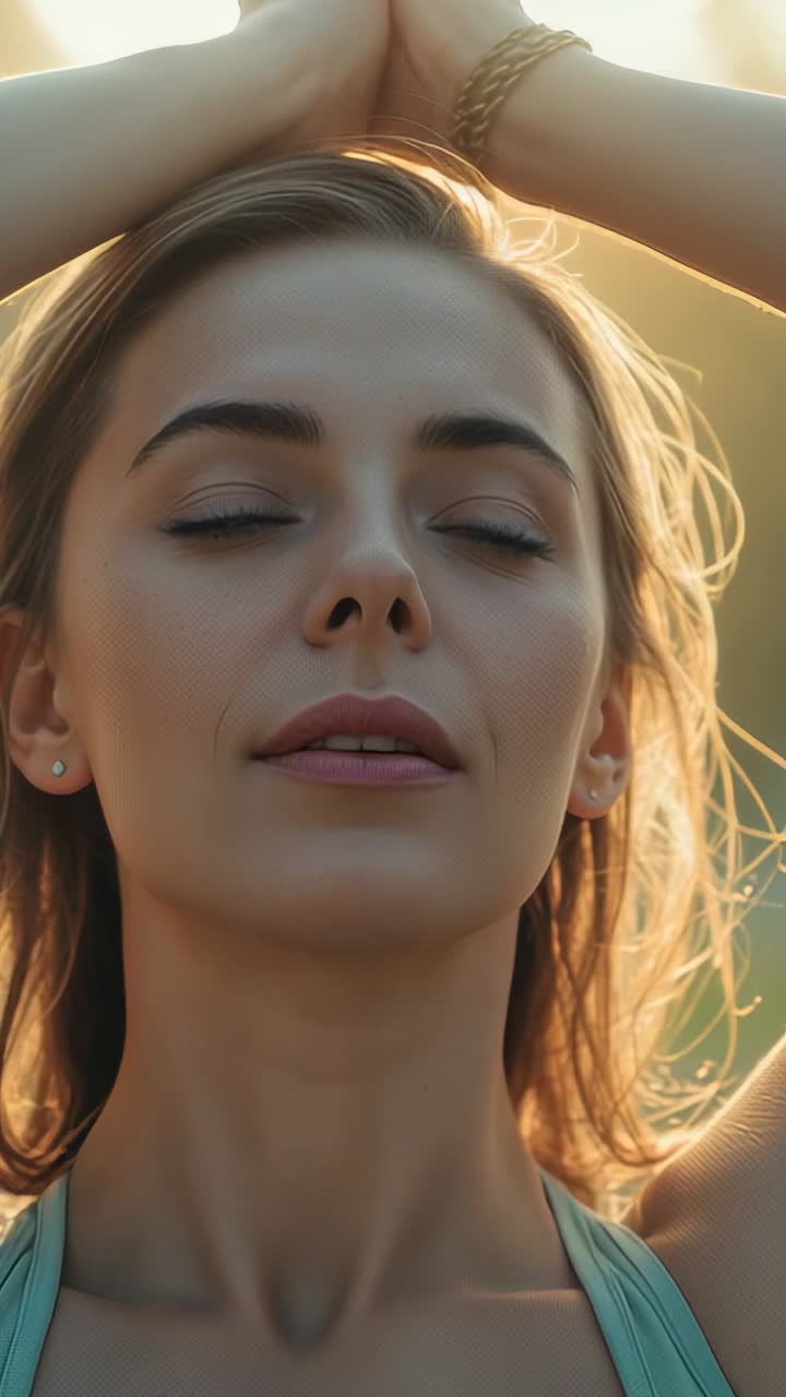 Vertical video: Lifting arms, woman in teal tank, gold bracelet inhaling at sunset in park for calm