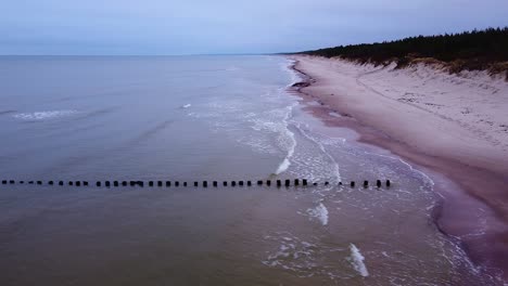 beautiful aerial view of an old wooden pier at the baltic sea coastline, overcast day, white sand beach affected by sea coastal erosion, calm seashore, ascending wide angle drone shot moving left