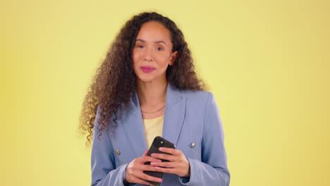 Face,-phone-and-happy-woman-in-studio-with-mockup