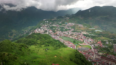 aerial view from dragon jaw shows scenic setting of sapa among karst mountains