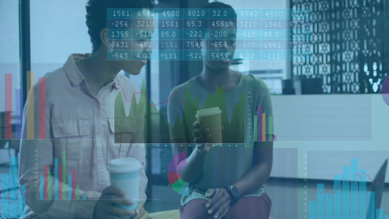 Animation of graphs and number charts over diverse female coworkers discussing while drinking coffee