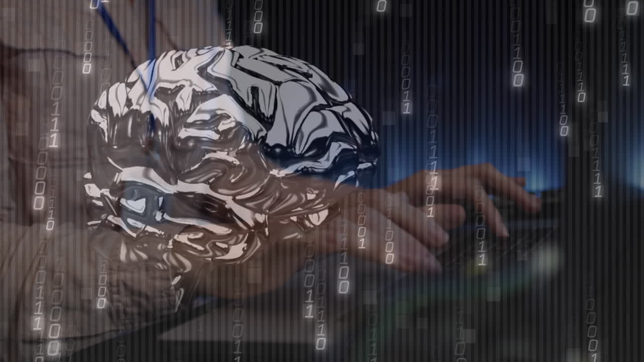Animation of data processing and digital brain over caucasian woman in server room