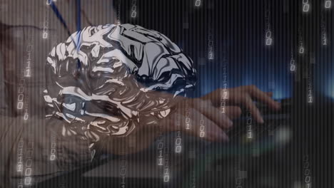 animación de procesamiento de datos y cerebro digital sobre mujer caucásica en la sala de servidores.