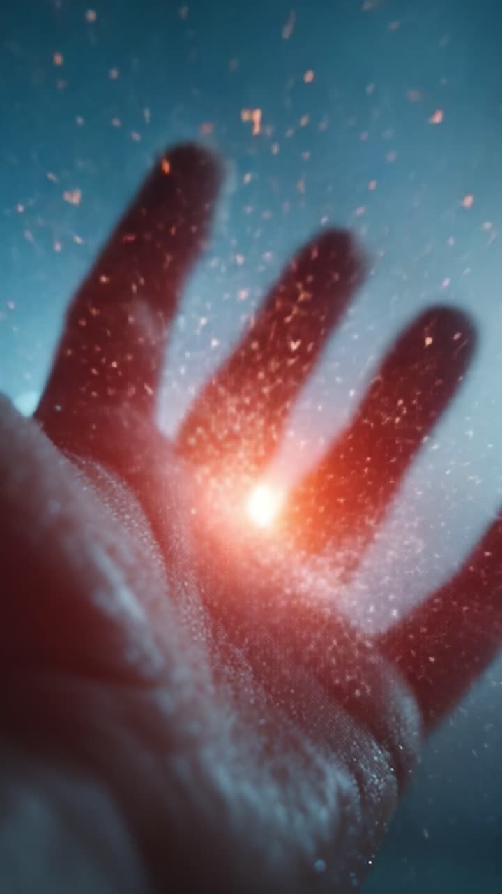 Capturing the Essence of Light: A Hand Reaching Out to Cosmic Particles Glowing in a Mystical Aura of Energy and Wonder