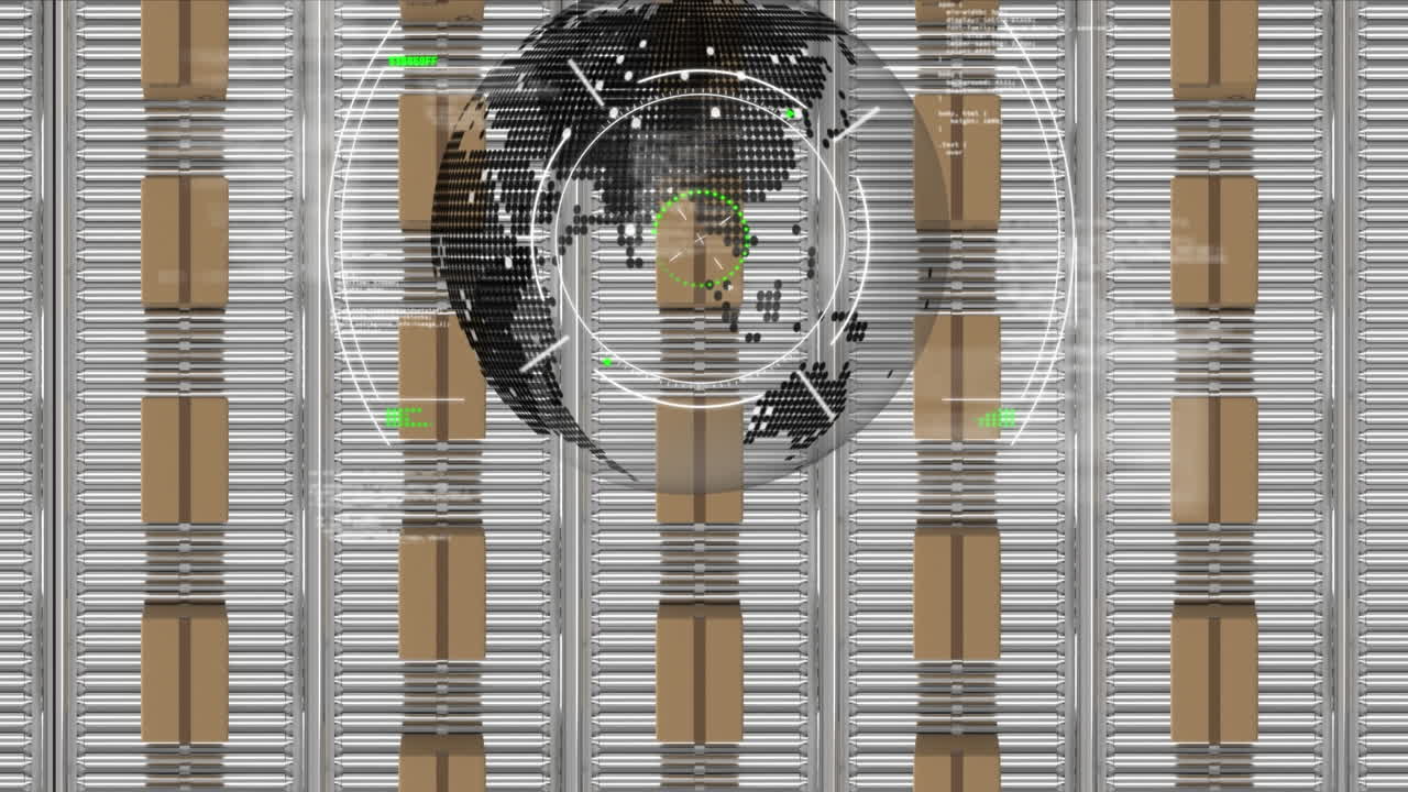 컨베이어 벨트에 움직이는 카드보드 상자 위의 스 ⁇  스캐닝과 글로브의 애니메이션