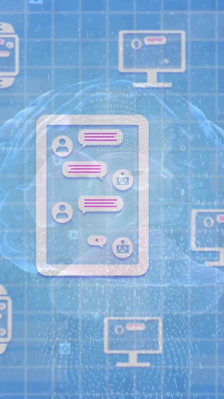 Animazione di elaborazione di chat AI online su dispositivi elettronici, sovrapposta a un cervello umano