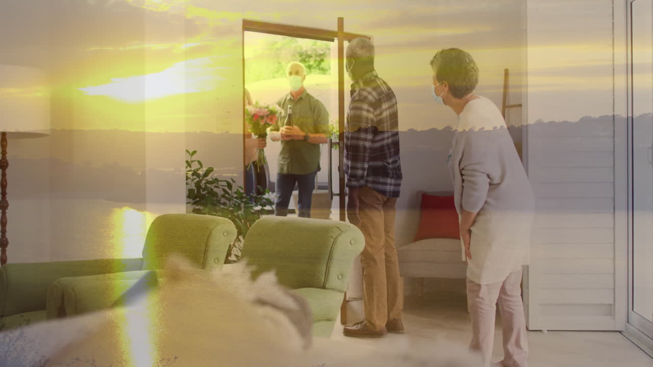 People wearing masks greeting visitor with flowers over sunset landscape animation