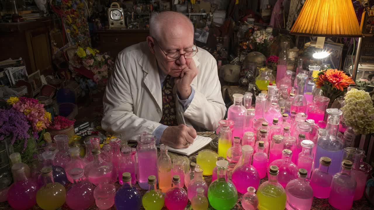 A Pensive Scientist in a Colorful Laboratory Surrounded by Bottles of Mysterious Potions, Deep in Thought While Jotting Down Observations in a Notepad